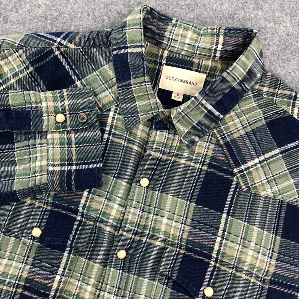 Lucky Brand Mens Flannel Shirt S Indigo Plaid Cotton Long Sleeve Classic Fit